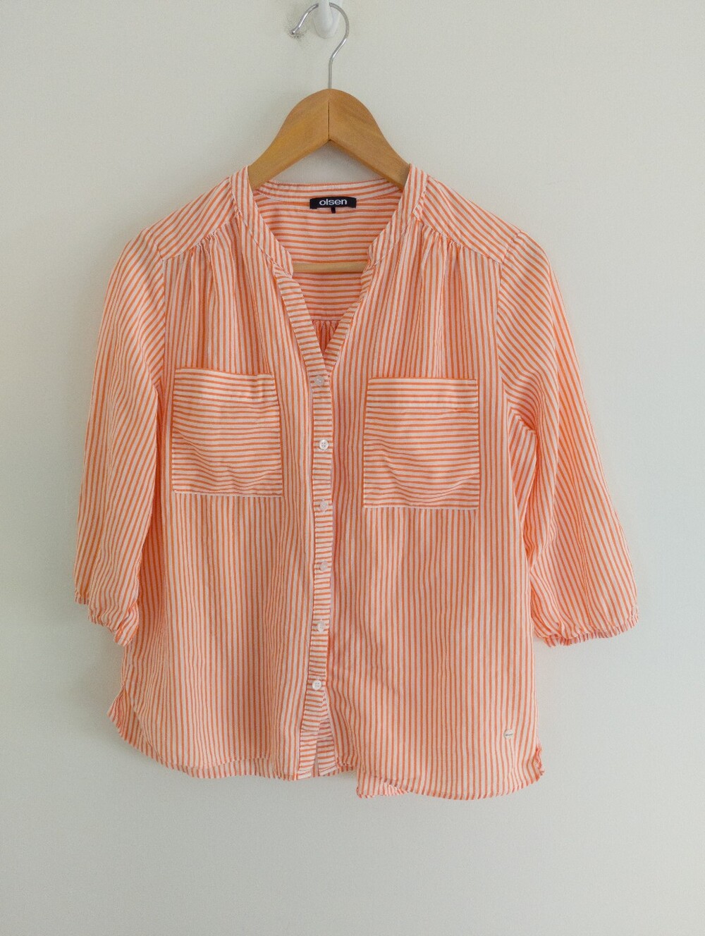 OLSEN Orange White Striped Button Front Blouse Size Medium 3/4 Sleeve